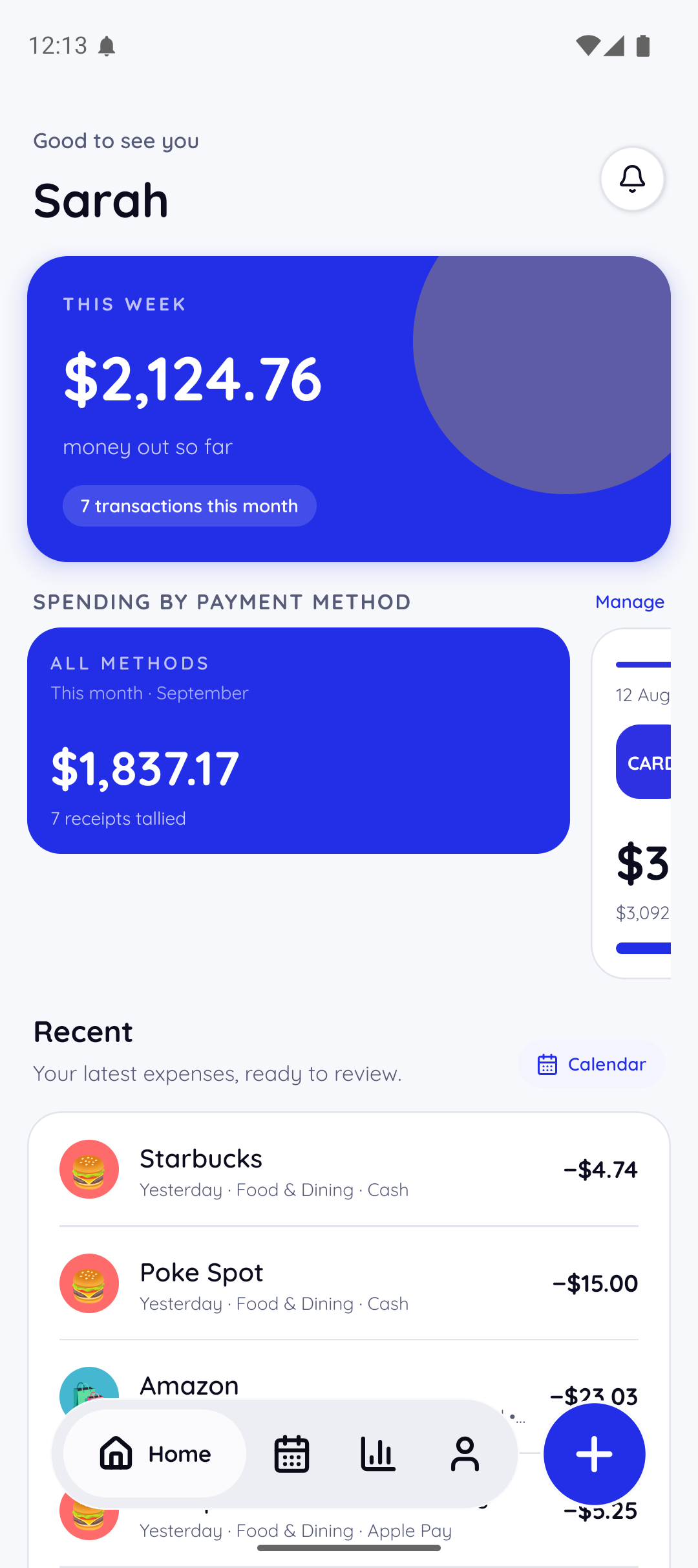 SnapTally dashboard with weekly spending and recent expenses