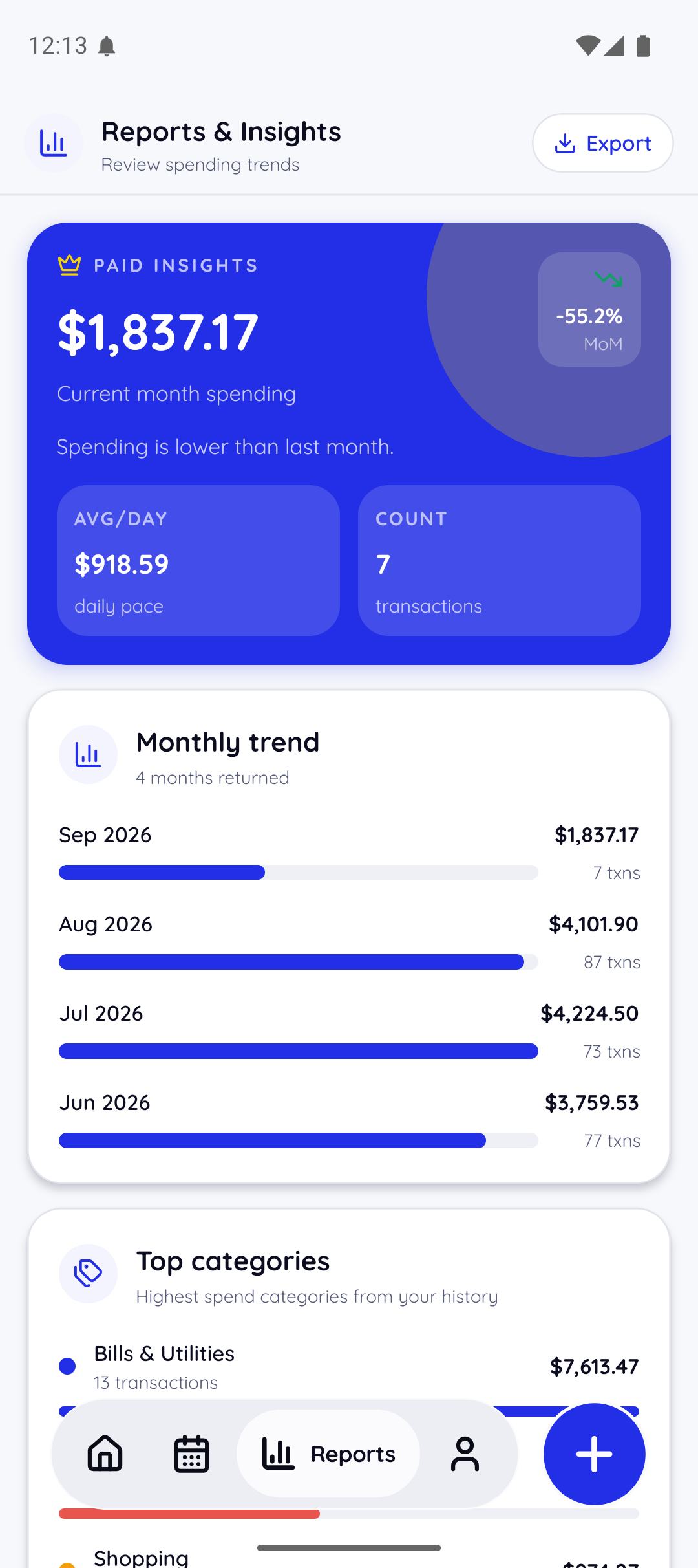 SnapTally reports screen with paid insights and monthly trends