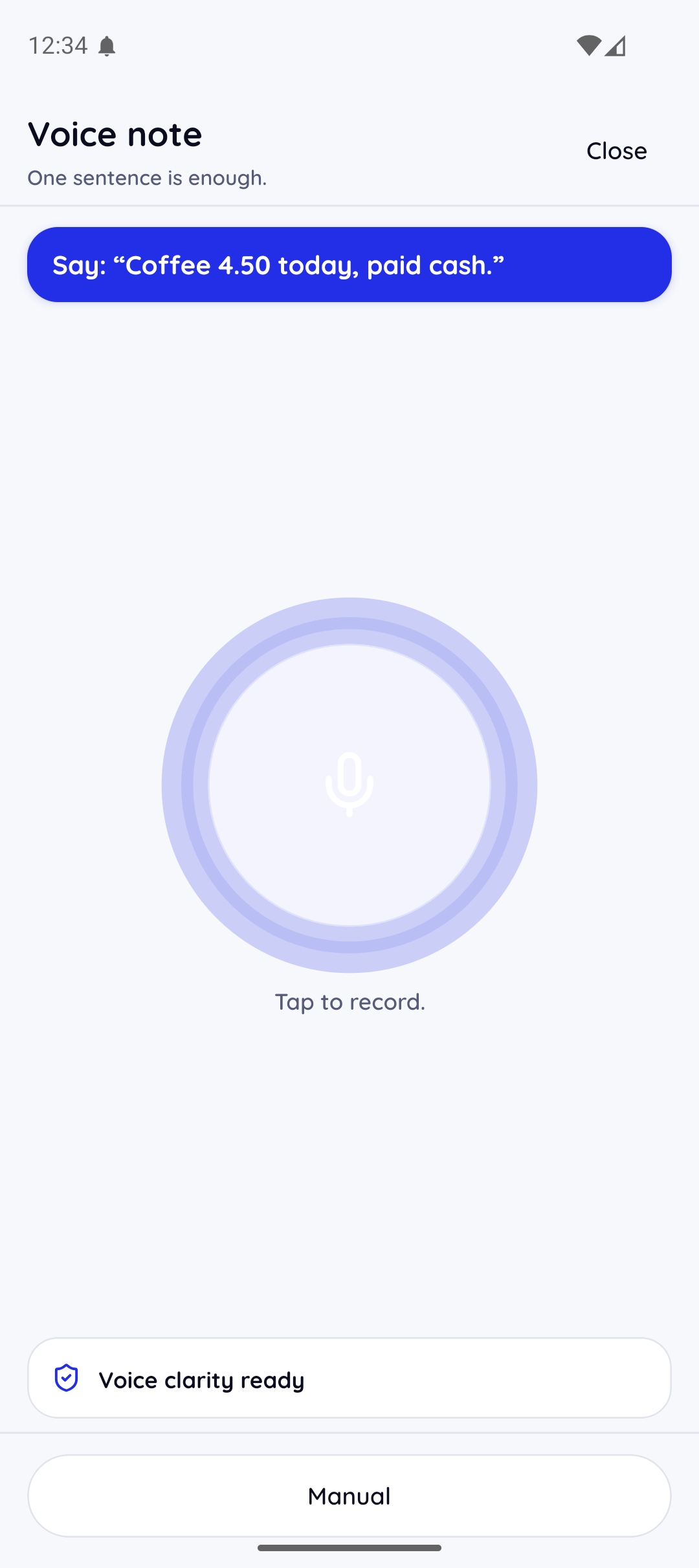 SnapTally voice note recording screen with live transcript and extracted expense fields